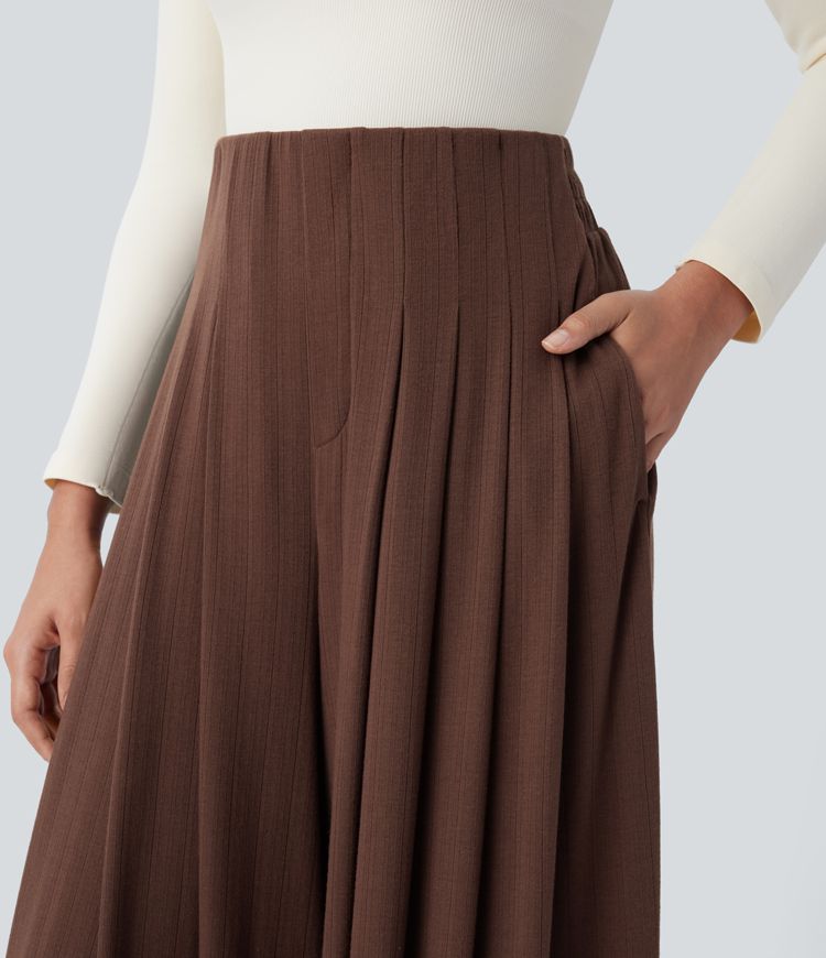Ribbed knit high waist pleated side pocket flowy wide casual pants