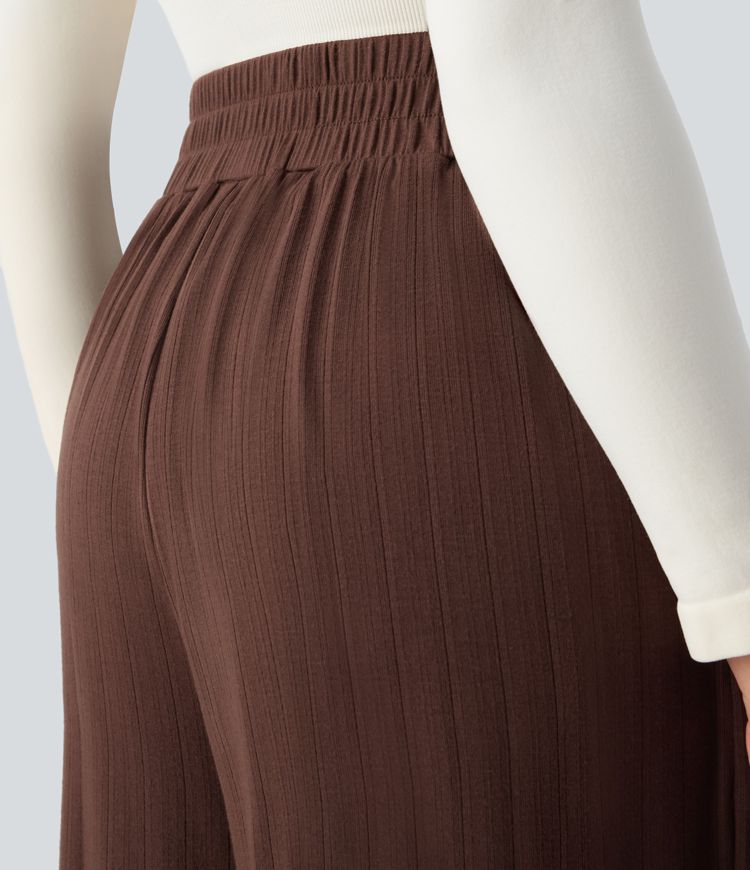 Ribbed knit high waist pleated side pocket flowy wide casual pants