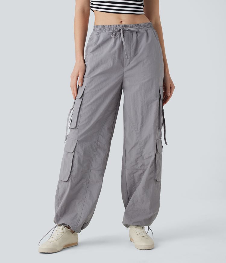Women's Mid Rise Drawstring Pockets Baggy Casual Cargo Pants
