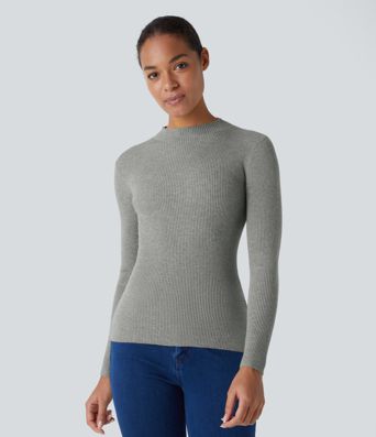 Ribbed Knit Round Neck Long Sleeve Casual Sweater