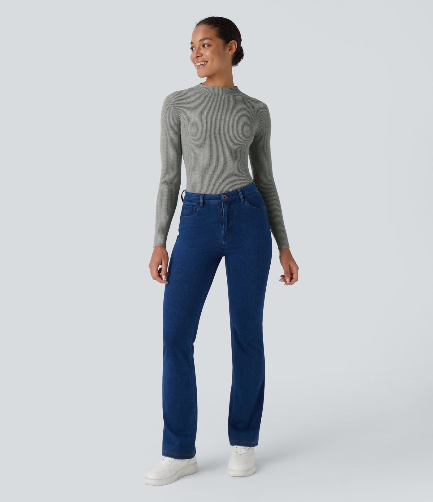 Ribbed Knit Round Neck Long Sleeve Casual Sweater