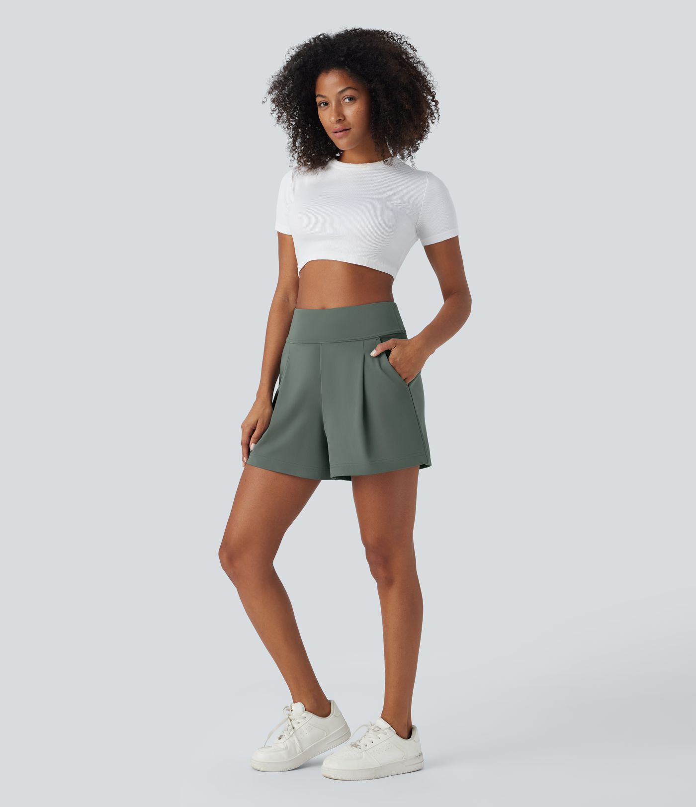 DayStretch High Waisted Pocket Wide Leg Work Shorts