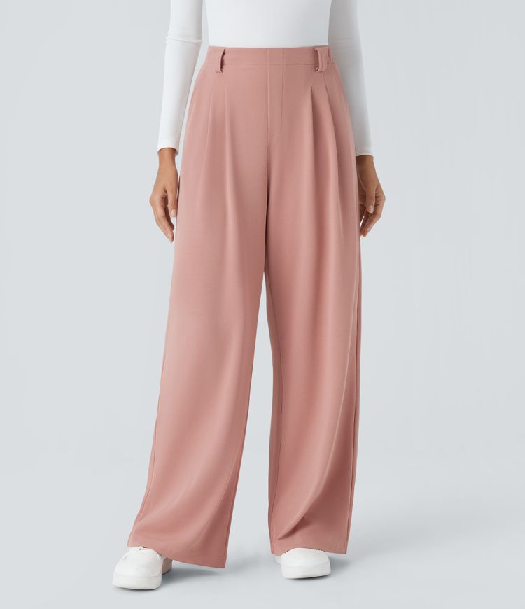 Halara Flex™ Pantalon Tailleur en tissu gaufré à taille haute, jambes larges, plis et poches latérales