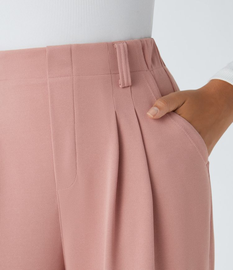 Halara Flex™ Pantalon Tailleur en tissu gaufré à taille haute, jambes larges, plis et poches latérales