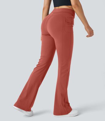 High Waisted Side Flap Pocket Flare Casual Cargo Pants