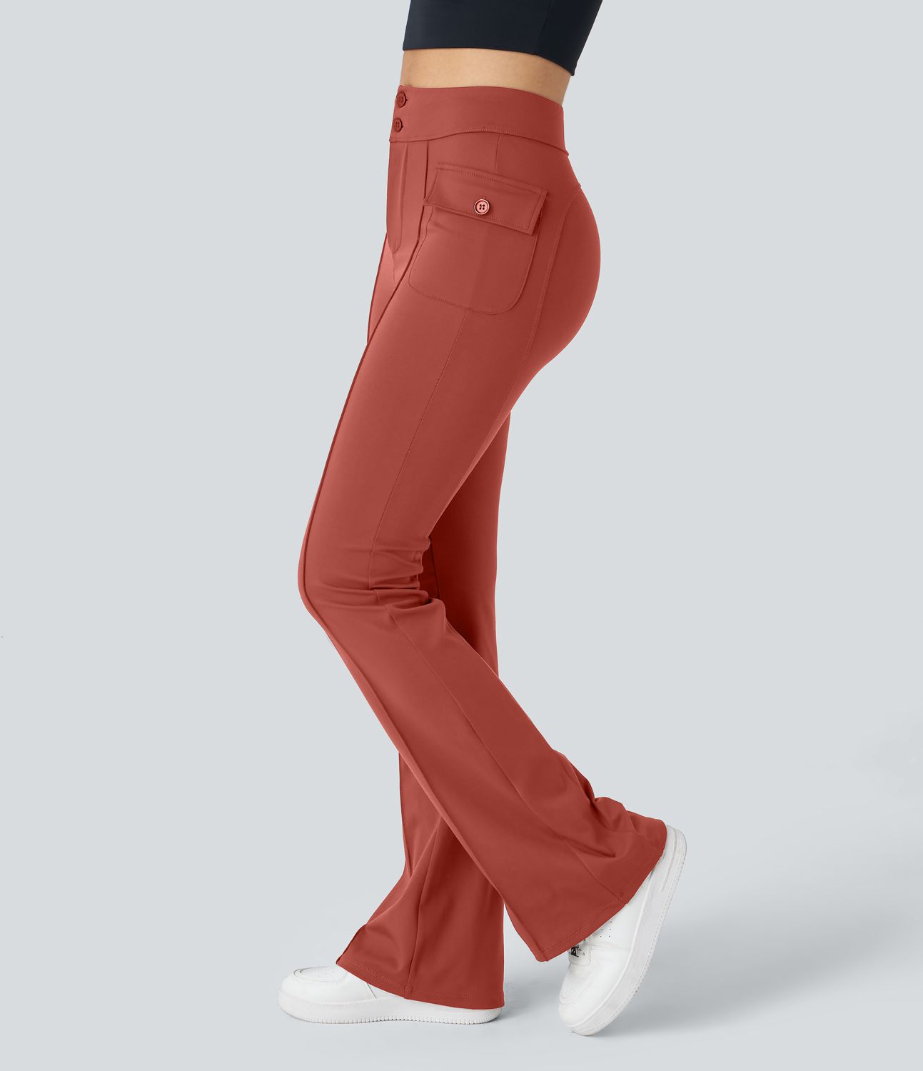 High Waisted Side Flap Pocket Flare Casual Cargo Pants