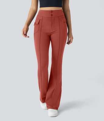 High Waisted Side Flap Pocket Flare Casual Cargo Pants