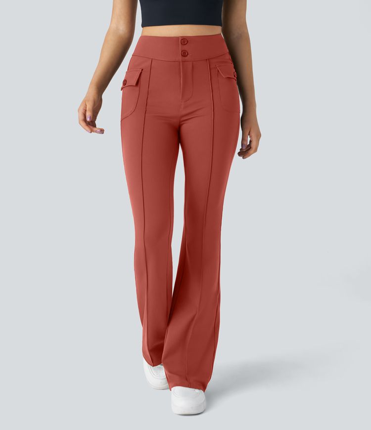 High Waisted Side Flap Pocket Flare Casual Cargo Pants