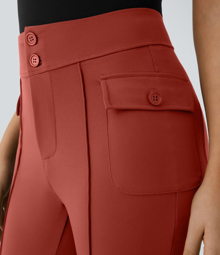 High Waisted Side Flap Pocket Flare Casual Cargo Pants
