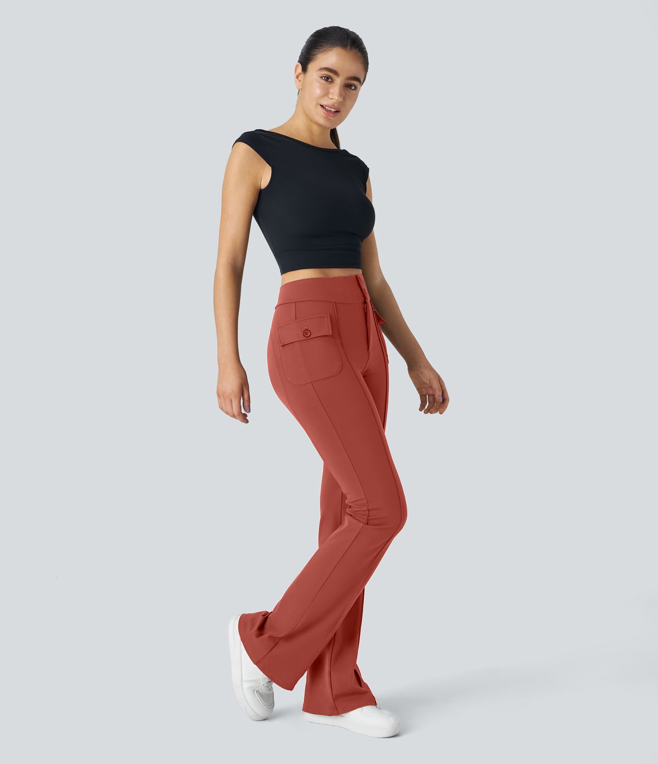 High Waisted Side Flap Pocket Flare Casual Cargo Pants