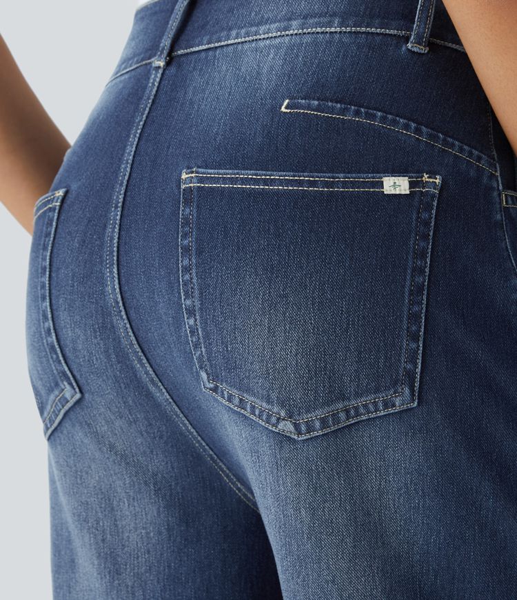 Halara Flex™ Mid-Rise Multi-Pocket Barrel-Leg Stretch Knit Casual Jeans