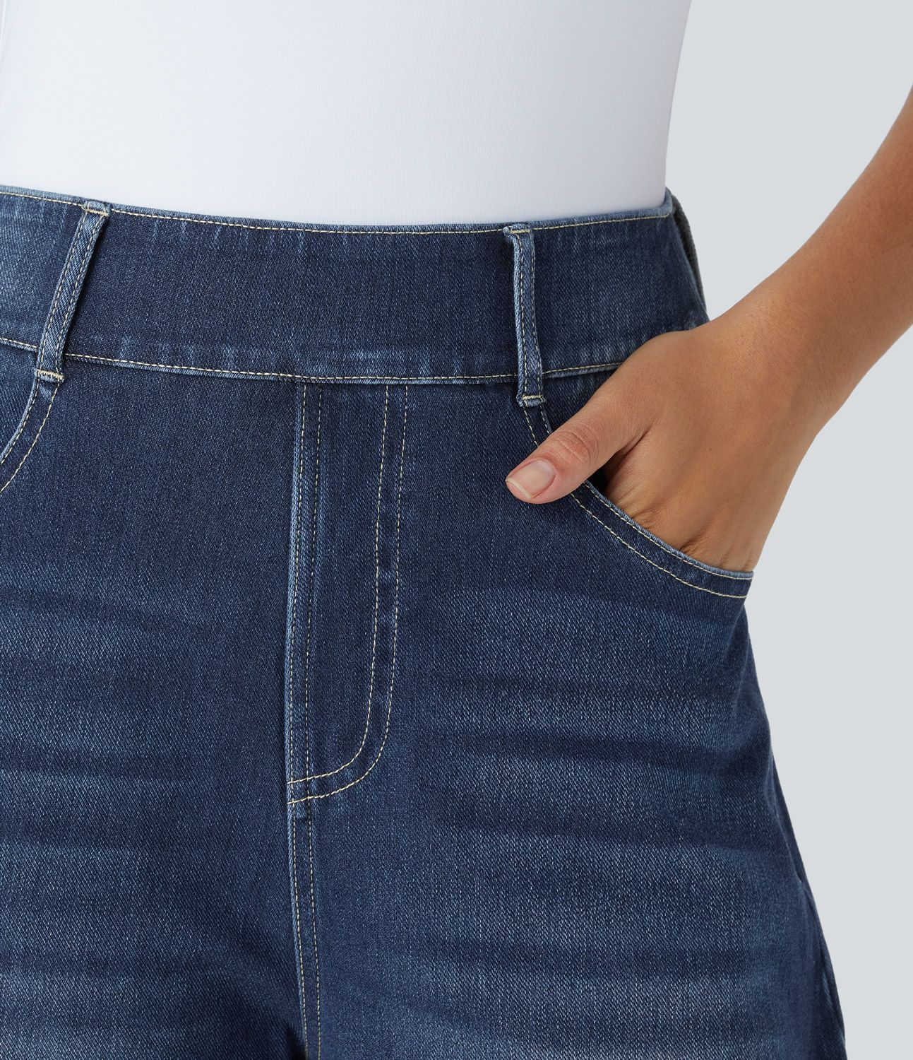 Halara Flex™ ミッドライズ マルチポケット バレルレッグ ストレッチニット カジュアルジーンズ