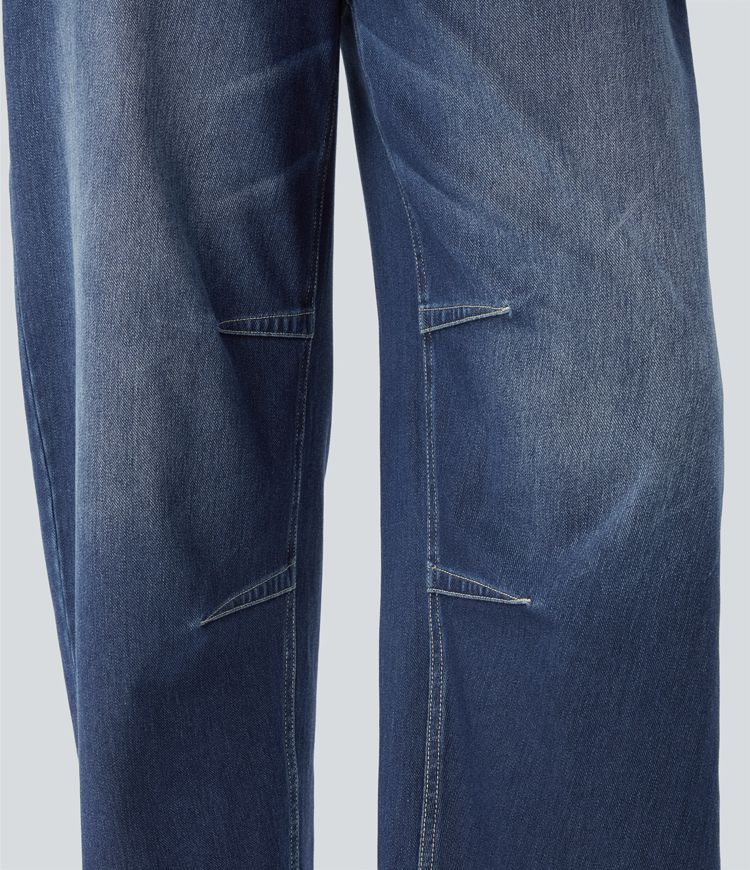 Halara Flex™ Mid-Rise Multi-Pocket Barrel-Leg Stretch Knit Casual Jeans