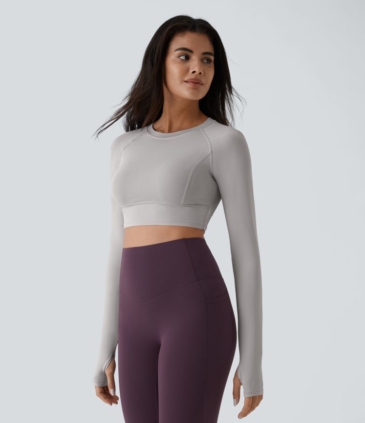 Solid Thumb Hole Cropped Yoga Sports Top