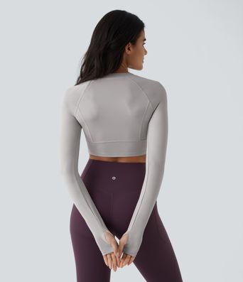 Solid Thumb Hole Cropped Yoga Sports Top