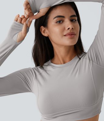 Solid Thumb Hole Cropped Yoga Sports Top