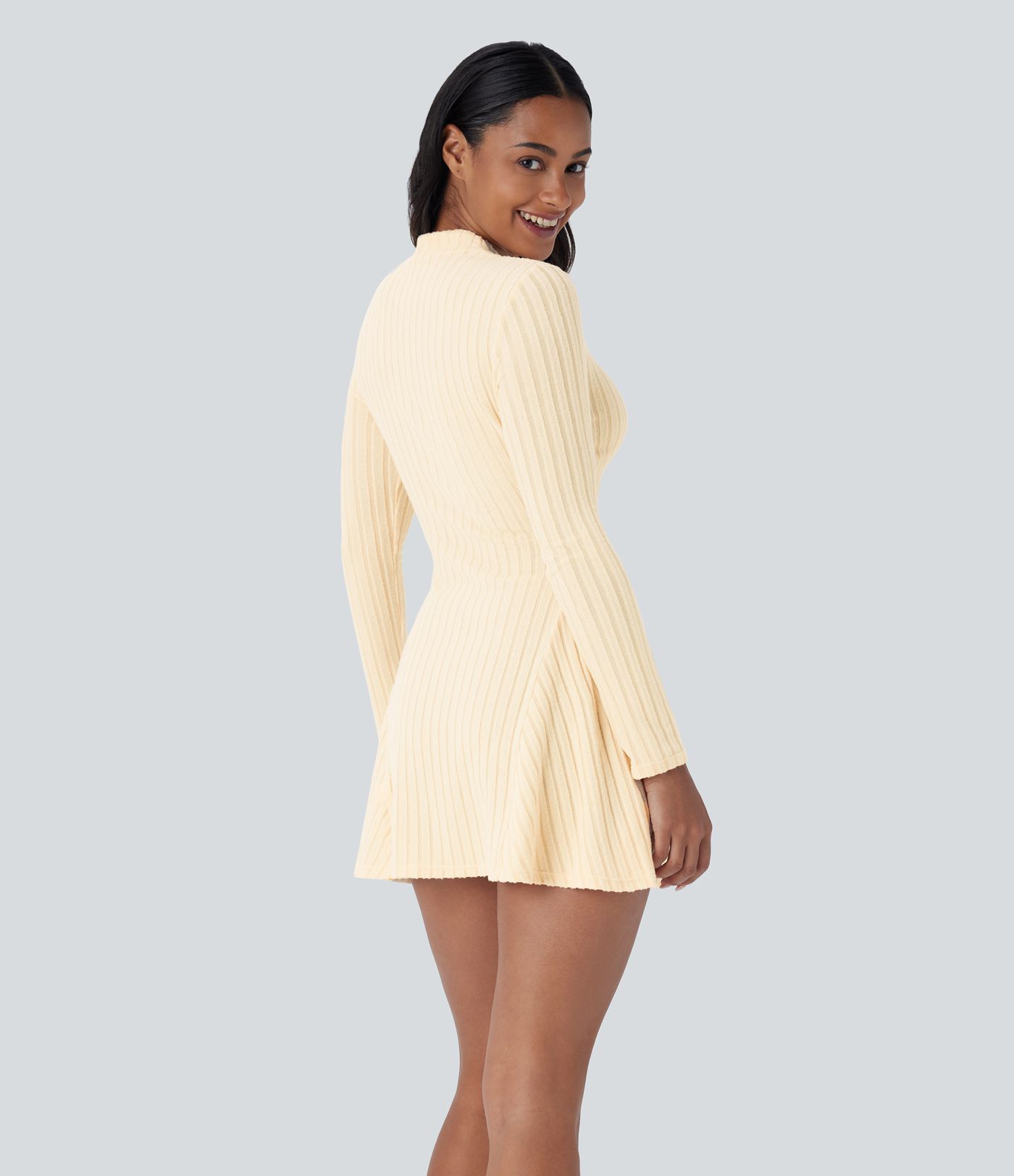 Ribbed Knit Stand Collar Long Sleeve Mini Casual Dress