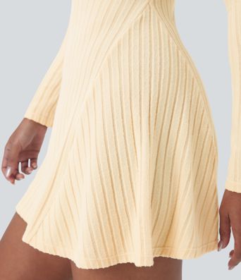 Ribbed Knit Stand Collar Long Sleeve Mini Casual Dress