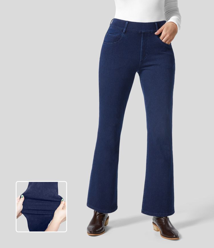 Halara Flex™ Mid-Rise Elastic Knit Denim Bootcut Jeans with Multiple Pockets
