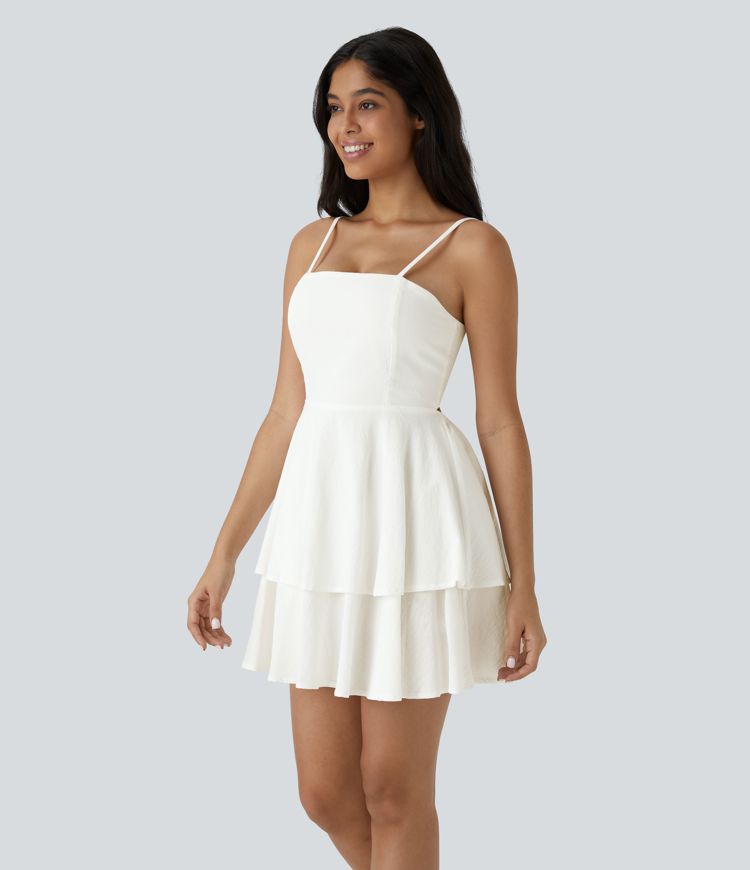 Tie Back Tiered Ruffle Flowy Slip Mini Casual Linen-Feel Dress