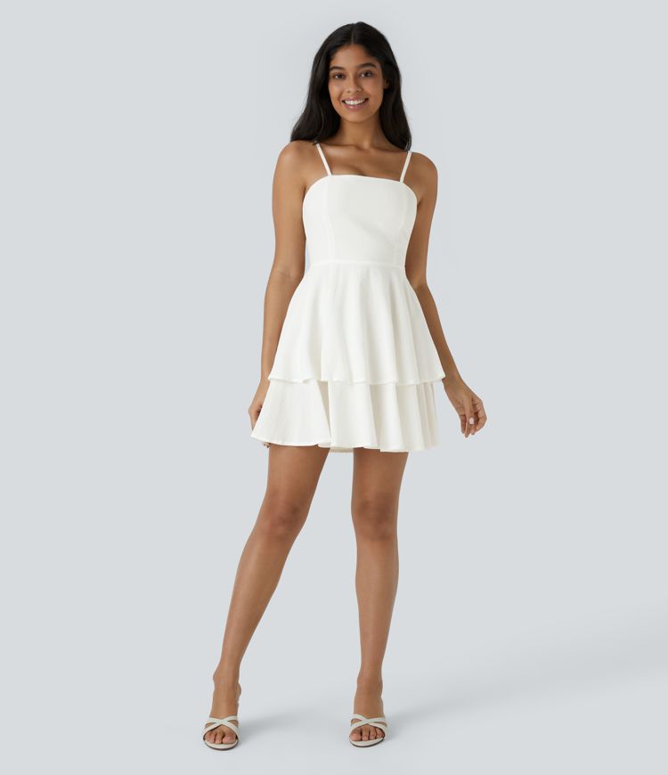 Tie Back Tiered Ruffle Flowy Slip Mini Casual Linen-Feel Dress