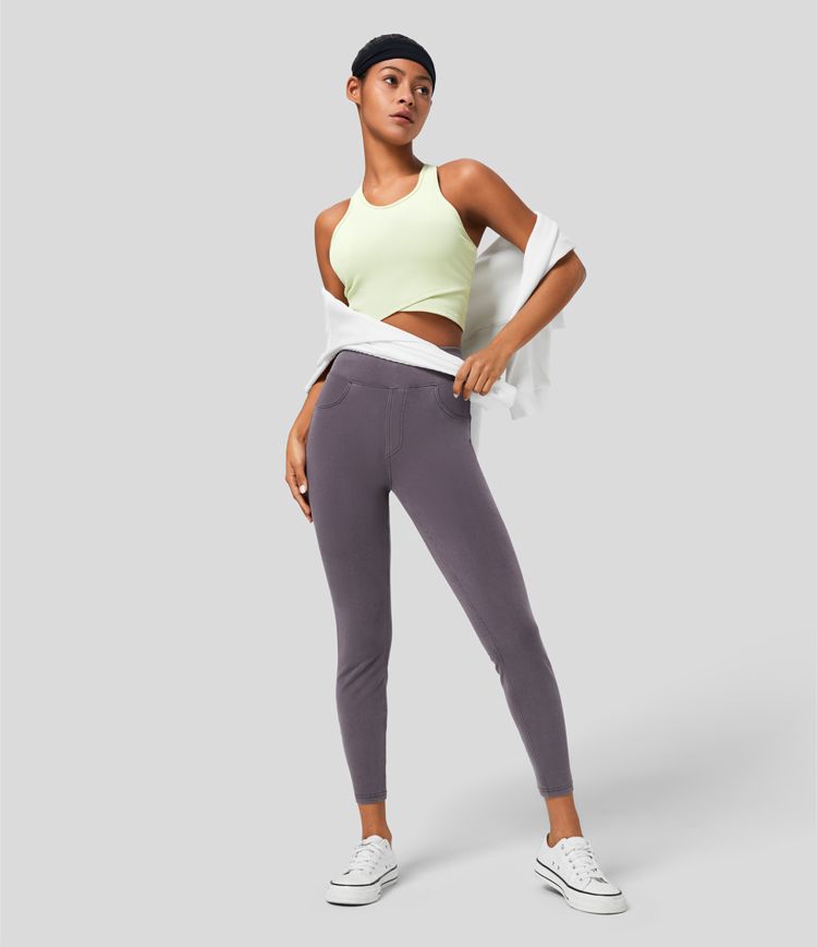 Halara Flex™ casual 7/8 leggings with a high waistband and multiple pockets, colorful, stretchy knit denim
