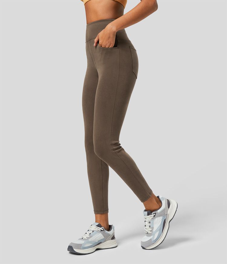 Halara Flex™ casual 7/8 leggings with a high waistband and multiple pockets, colorful, stretchy knit denim