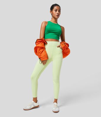 Halara Flex™ カジュアルな7/8レギンス、高いウエストと複数のポケット、カラフルで伸縮性のあるニットデニム