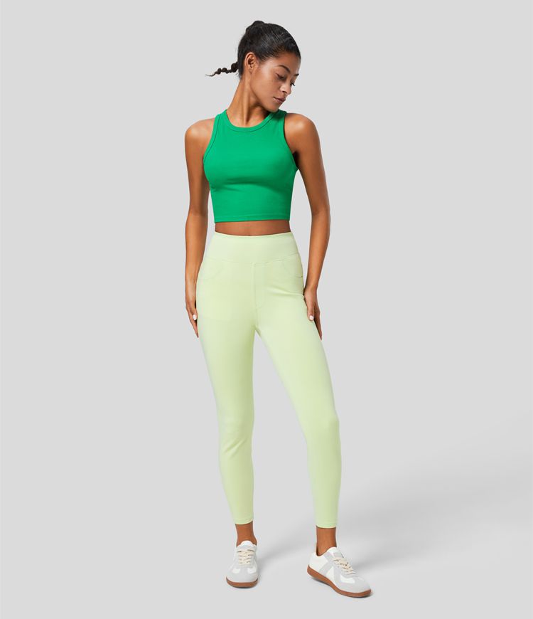 Halara Flex™ カジュアルな7/8レギンス、高いウエストと複数のポケット、カラフルで伸縮性のあるニットデニム