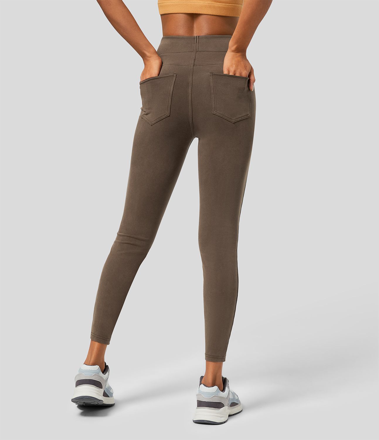 Halara Flex™ casual 7/8 leggings with a high waistband and multiple pockets, colorful, stretchy knit denim