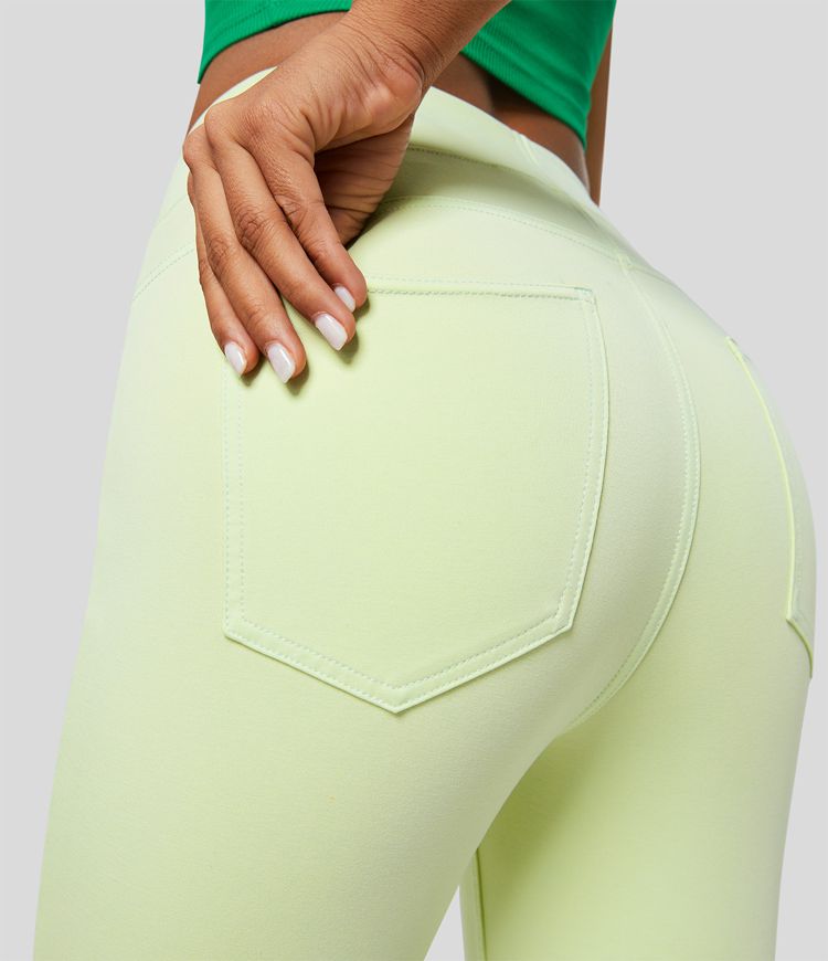 Halara Flex™ カジュアルな7/8レギンス、高いウエストと複数のポケット、カラフルで伸縮性のあるニットデニム