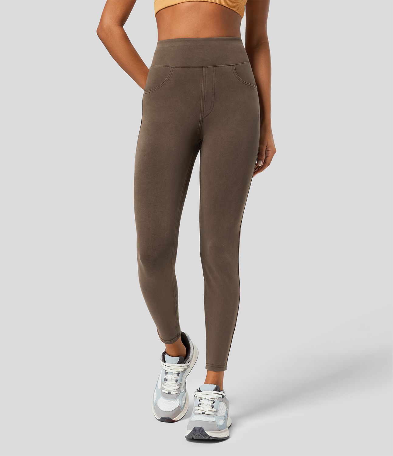 Halara Flex™ casual 7/8 leggings with a high waistband and multiple pockets, colorful, stretchy knit denim