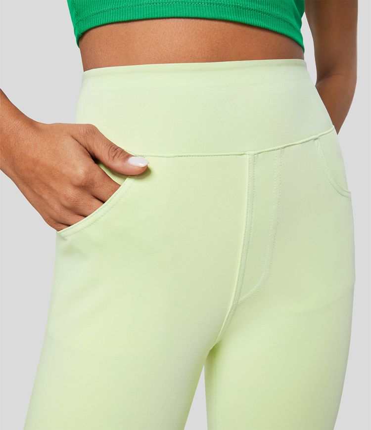 Halara Flex™ カジュアルな7/8レギンス、高いウエストと複数のポケット、カラフルで伸縮性のあるニットデニム