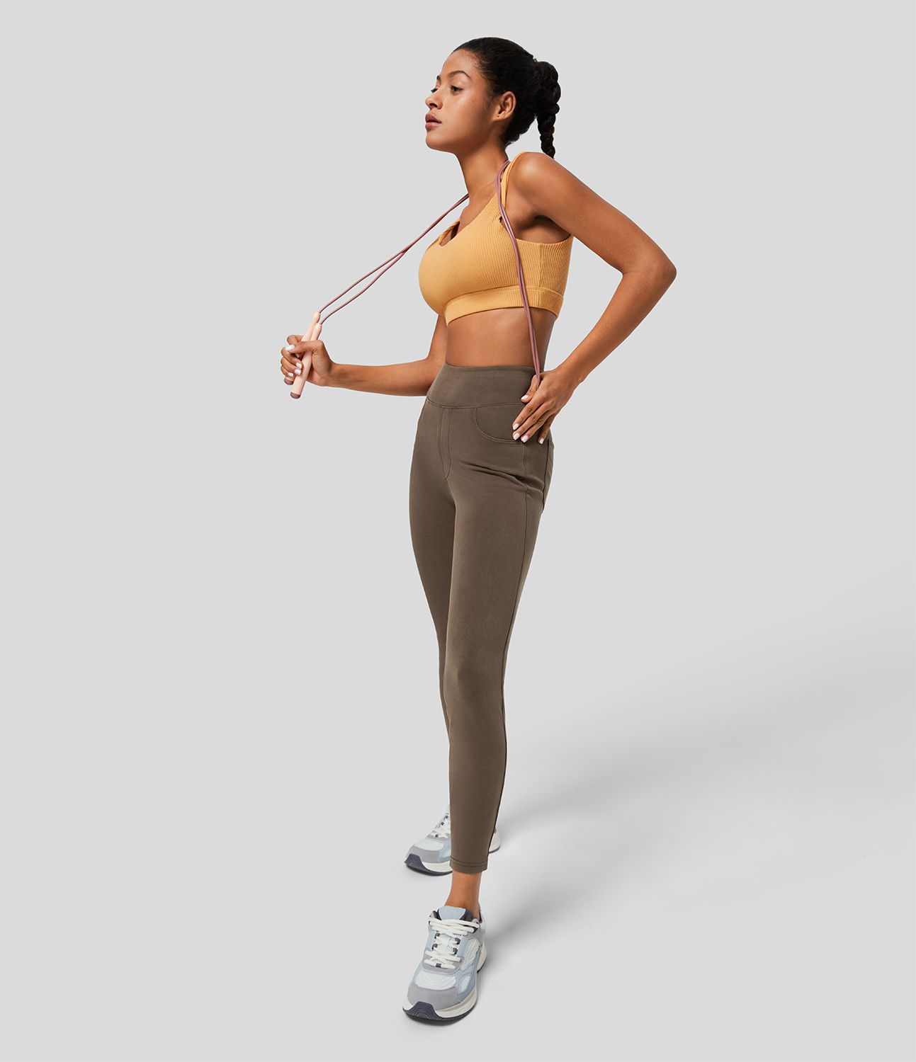 Halara Flex™ casual 7/8 leggings with a high waistband and multiple pockets, colorful, stretchy knit denim