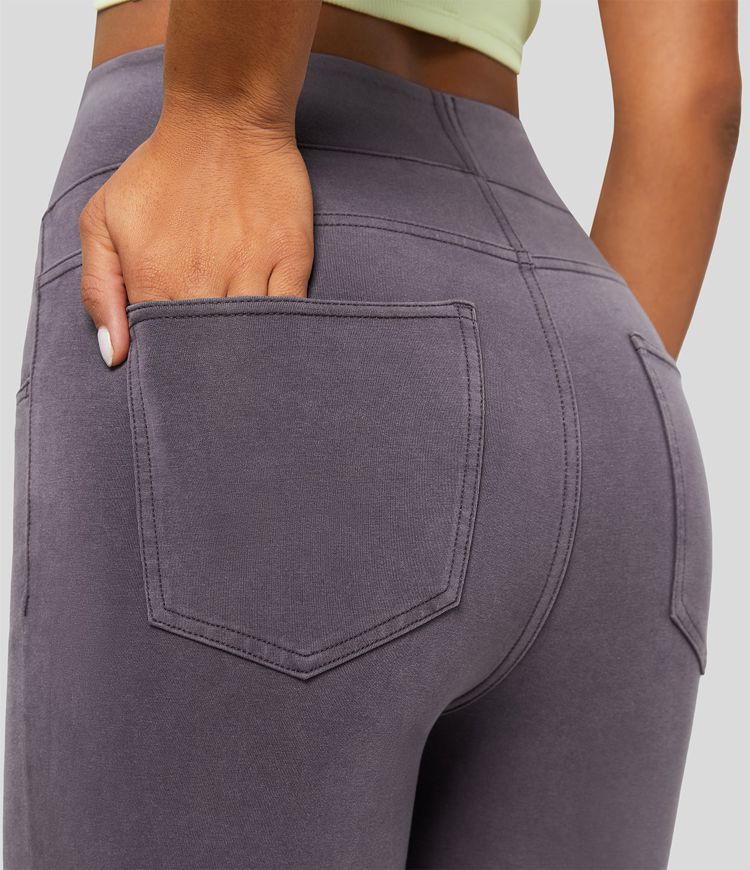 Halara Flex™ casual 7/8 leggings with a high waistband and multiple pockets, colorful, stretchy knit denim