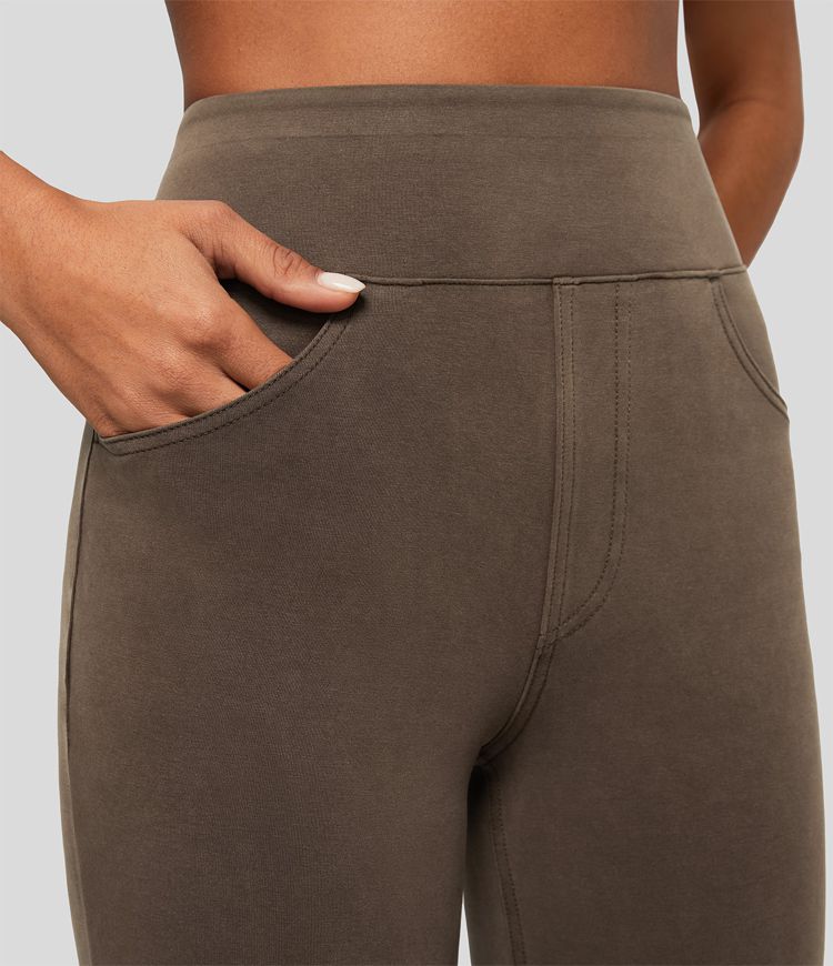 Halara Flex™ casual 7/8 leggings with a high waistband and multiple pockets, colorful, stretchy knit denim