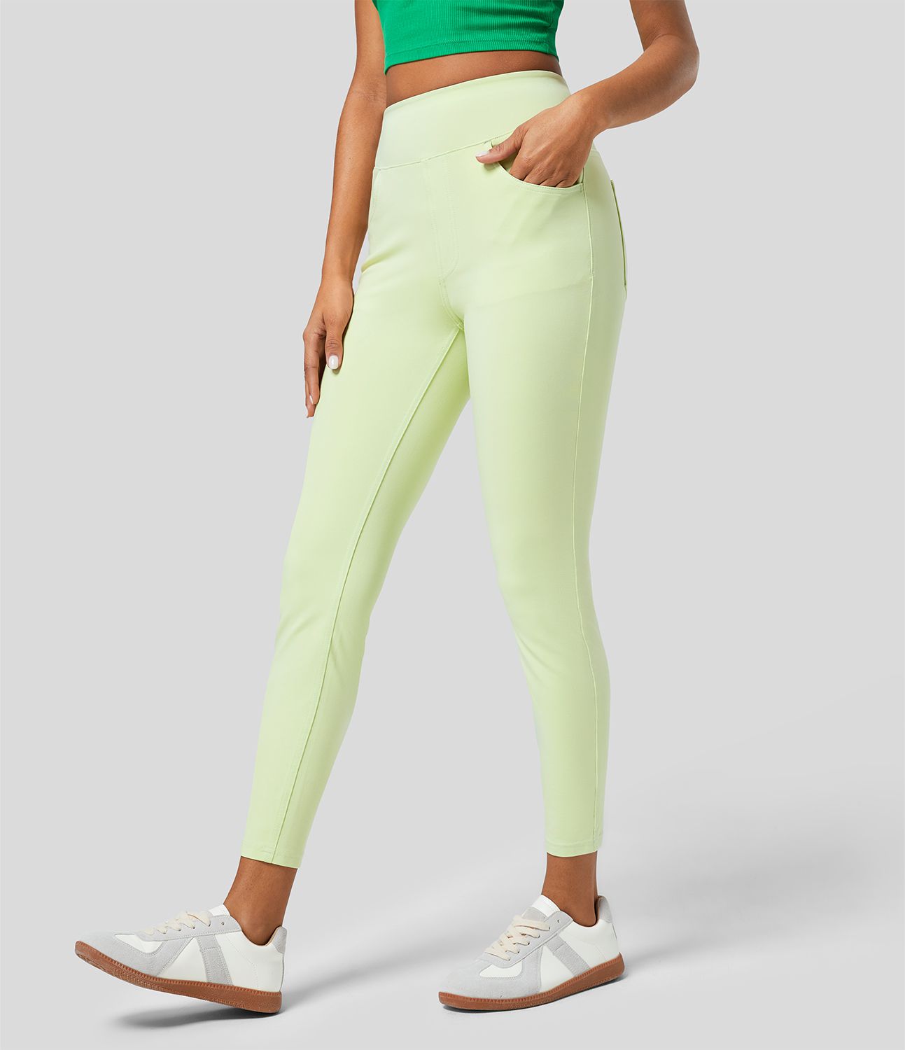 Halara Flex™ カジュアルな7/8レギンス、高いウエストと複数のポケット、カラフルで伸縮性のあるニットデニム