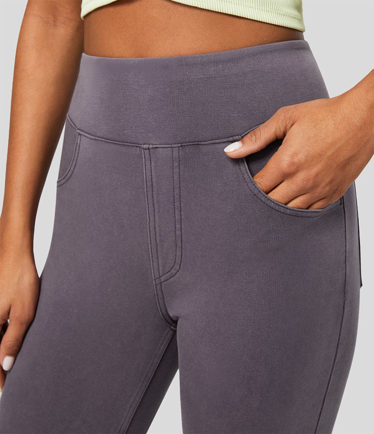 Halara Flex™ casual 7/8 leggings with a high waistband and multiple pockets, colorful, stretchy knit denim