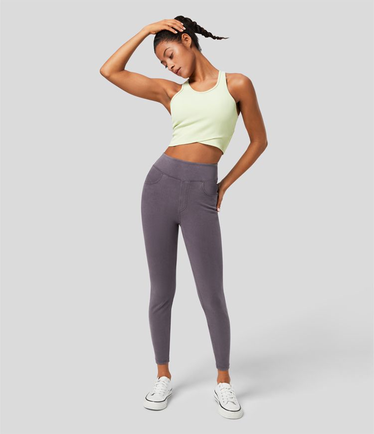 Halara Flex™ casual 7/8 leggings with a high waistband and multiple pockets, colorful, stretchy knit denim