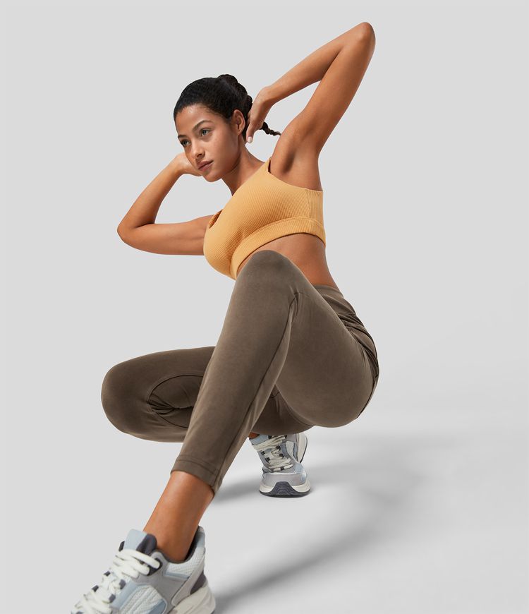 Halara Flex™ casual 7/8 leggings with a high waistband and multiple pockets, colorful, stretchy knit denim