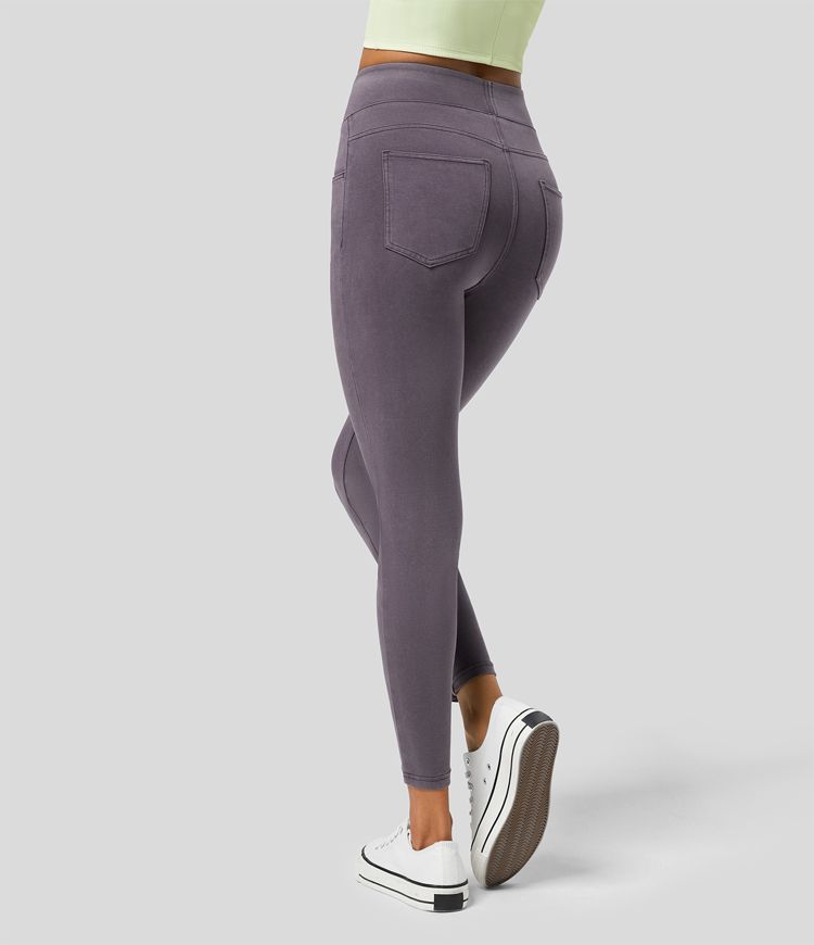 Halara Flex™ casual 7/8 leggings with a high waistband and multiple pockets, colorful, stretchy knit denim