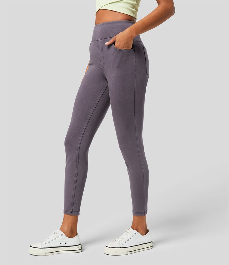 Halara Flex™ casual 7/8 leggings with a high waistband and multiple pockets, colorful, stretchy knit denim