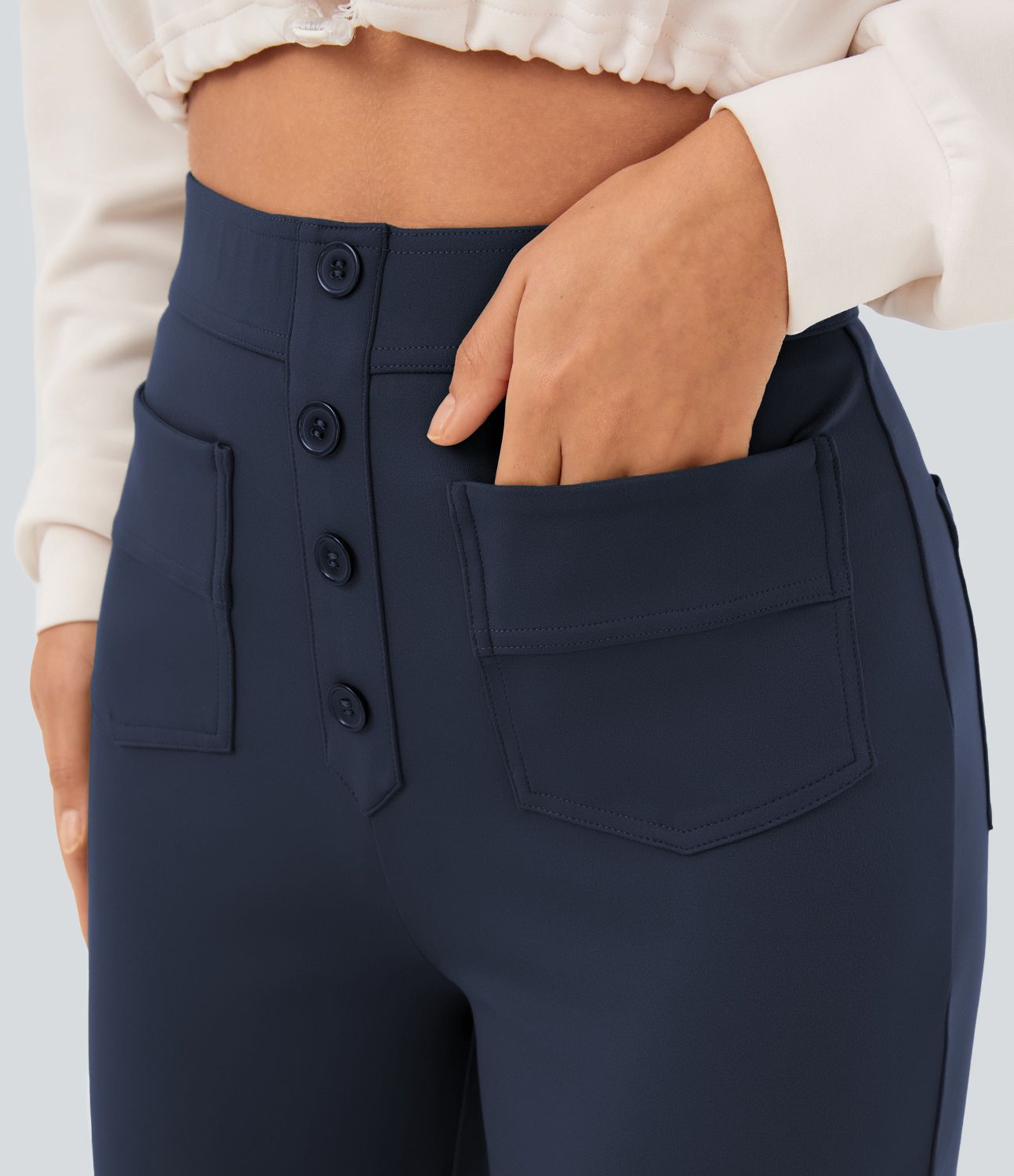 Women s High Waisted Button Multiple Pockets Straight Leg Casual Pants 