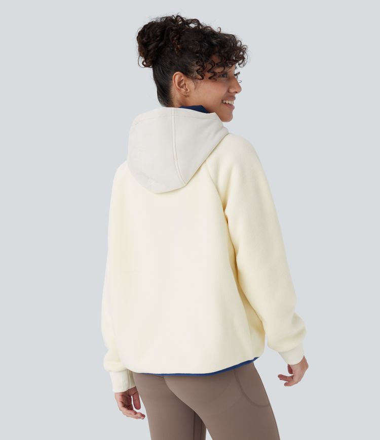 Hooded Drawstring Half Zip Long Sleeve Side Pocket Color Block Fleece Hiking Jacket