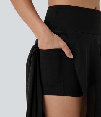 High Waisted High Low Ruffle 2-in-1 Pocket Flare Mesh Casual Regular Maxi Skirt