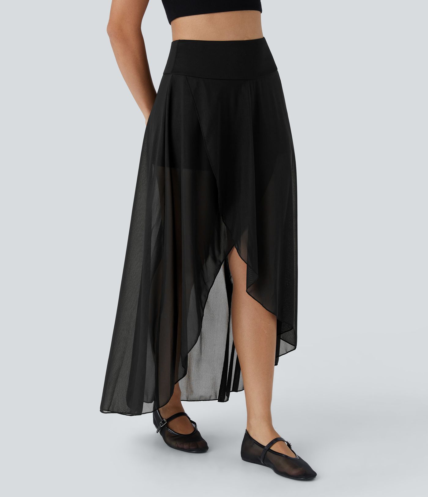 High Waisted High Low Ruffle 2-in-1 Pocket Flare Mesh Casual Regular Maxi Skirt