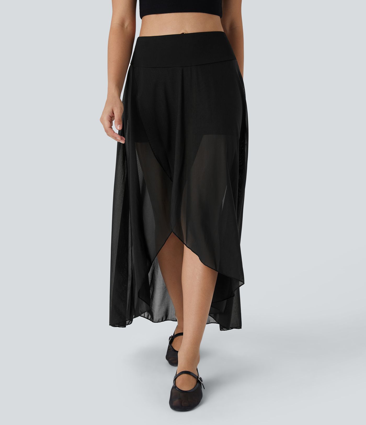 High Waisted High Low Ruffle 2-in-1 Pocket Flare Mesh Casual Regular Maxi Skirt