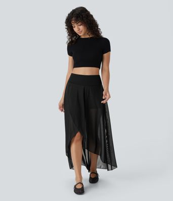High Waisted High Low Ruffle 2-in-1 Pocket Flare Mesh Casual Regular Maxi Skirt