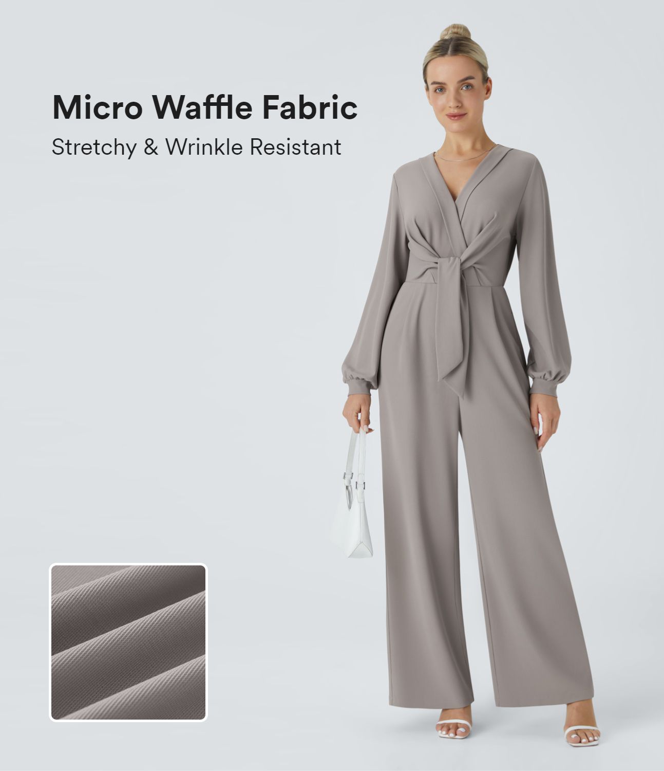 V-neck snap front tie side pocket wide micro waffle walk look jumpsuit