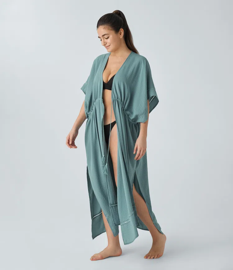 Drawstring fringe split longline kimono with a linen feel from Halara